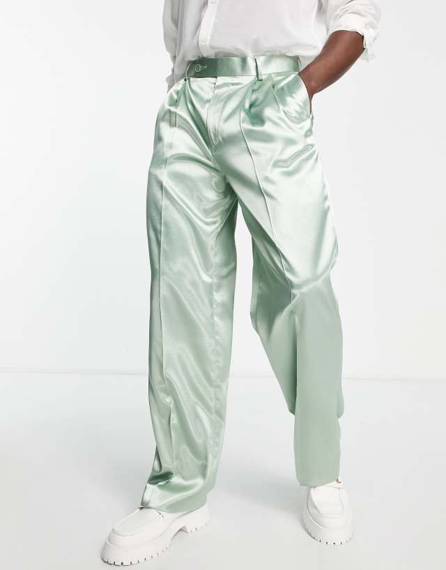 ASOS DESIGN wide leg suit pants in sage green textured satin