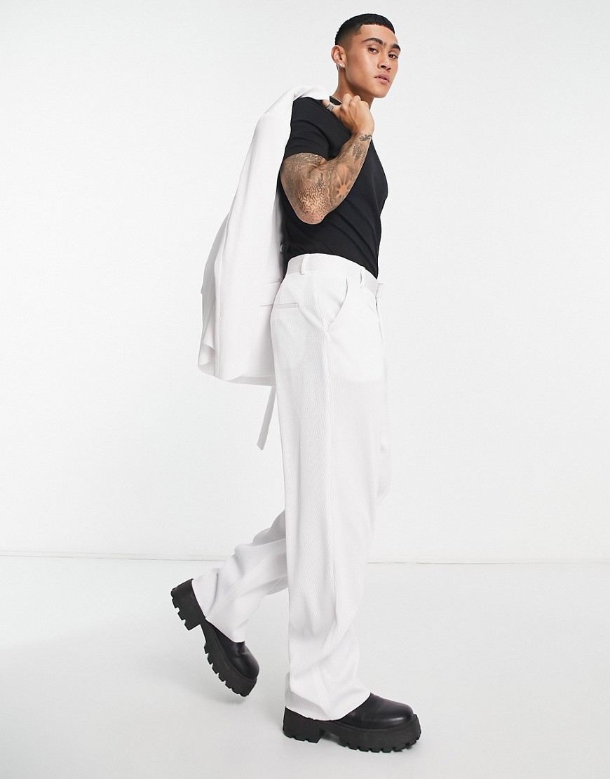 Asos Design Wide Leg Suit Pants In White Plisse