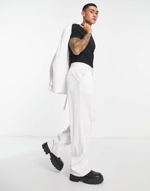 ASOS DESIGN wide leg suit pants in white plisse