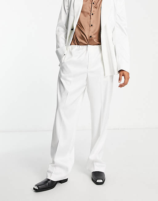 ASOS DESIGN wide leg suit pants in white satin