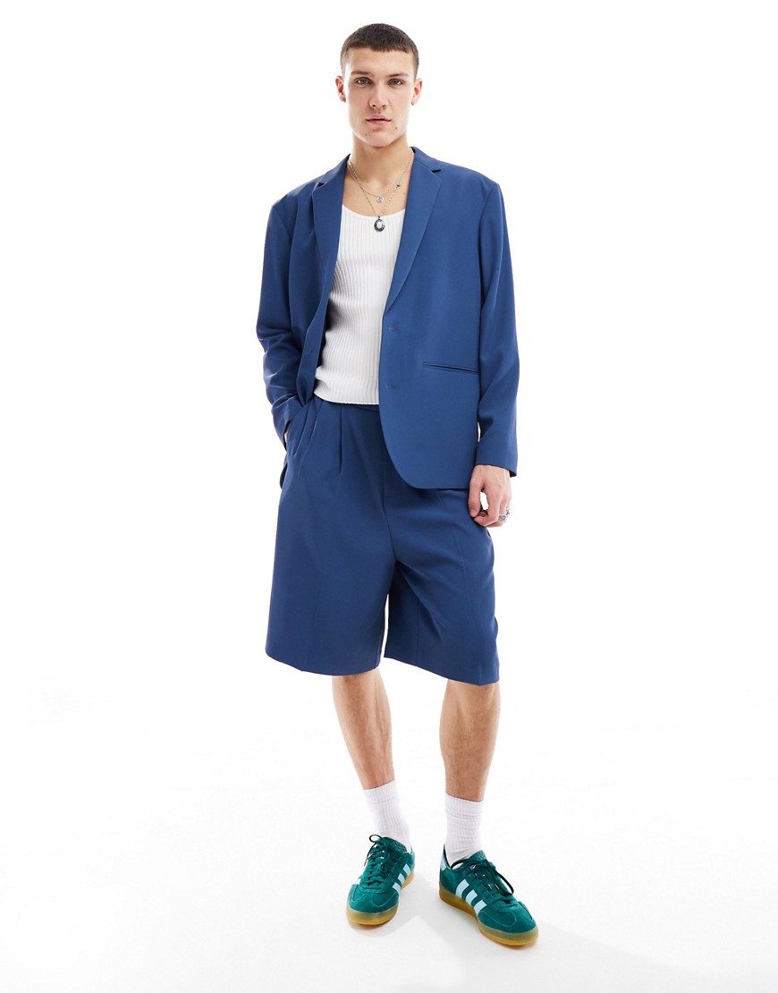 Asos Design Wide Leg Suit Shorts In Navy In Blue