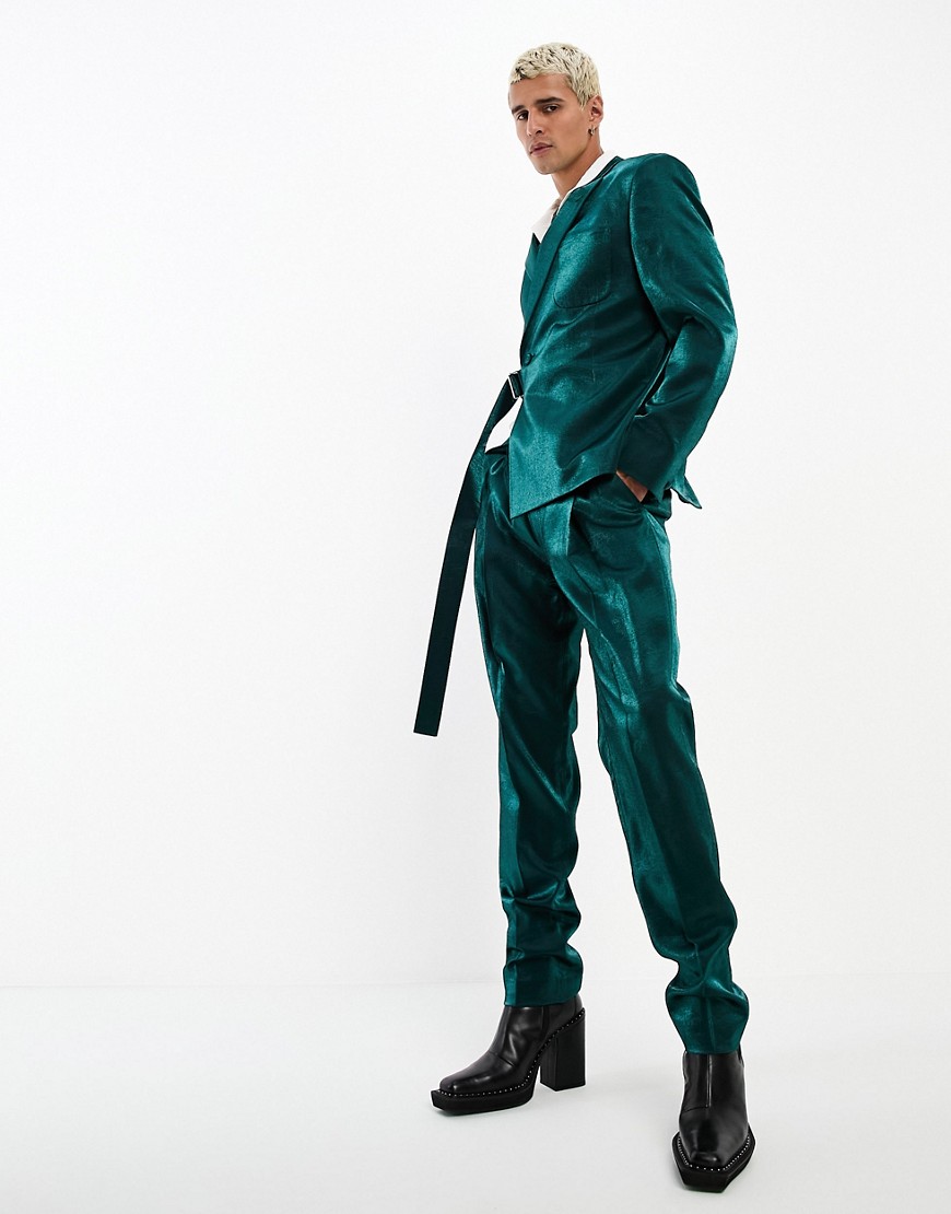 ASOS DESIGN wide leg suit trouser in emerald green satin