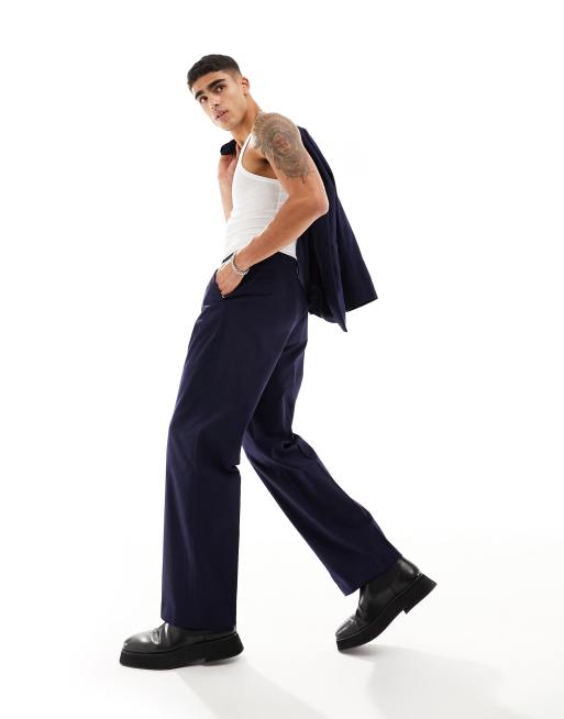 ASOS DESIGN wide leg suit trouser in slubby texture in navy