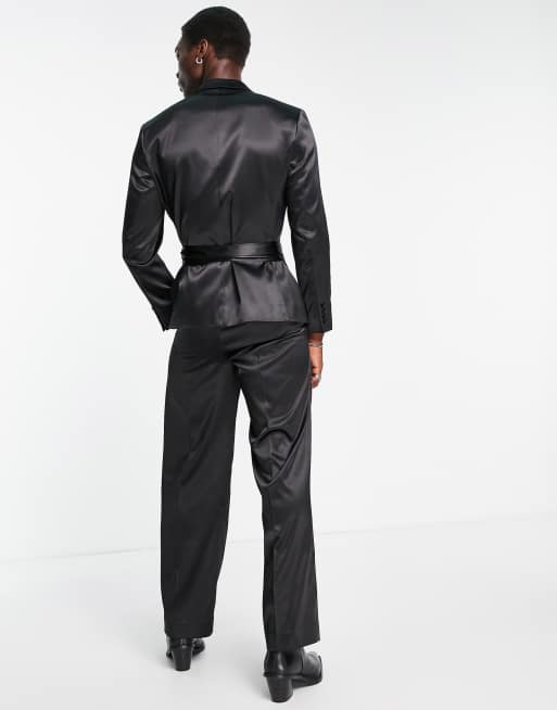 ASOS DESIGN wide leg suit trousers in black satin, 3 of 4