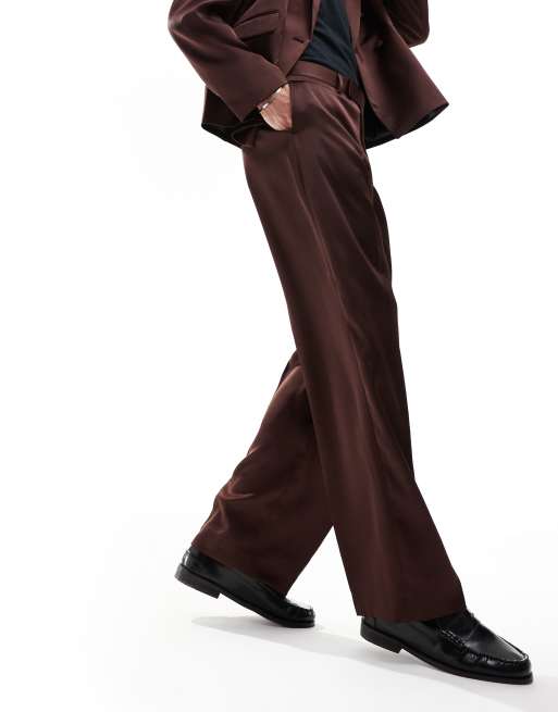 ASOS DESIGN wide leg suit trousers in brown satin ASOS
