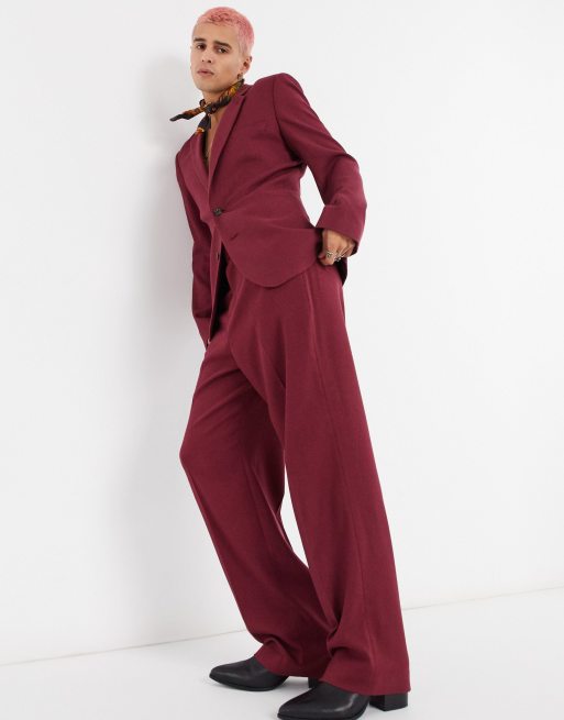 ASOS DESIGN wide leg suit trousers in burgundy twill