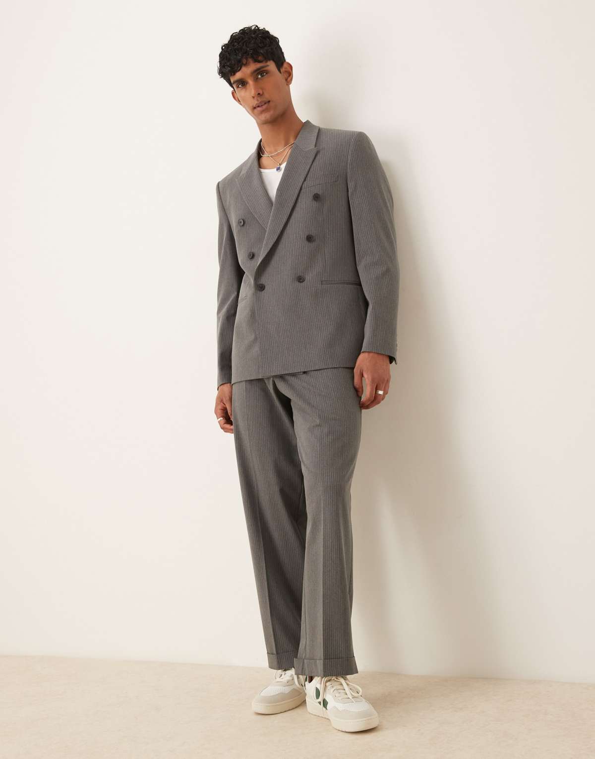 ASOS DESIGN wide leg suit trousers in charcoal pinstripe
