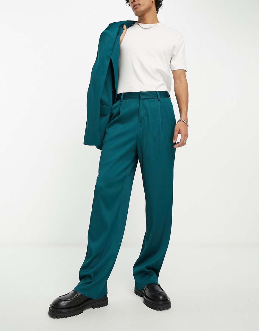 ASOS DESIGN wide leg suit trousers in forest green plisse