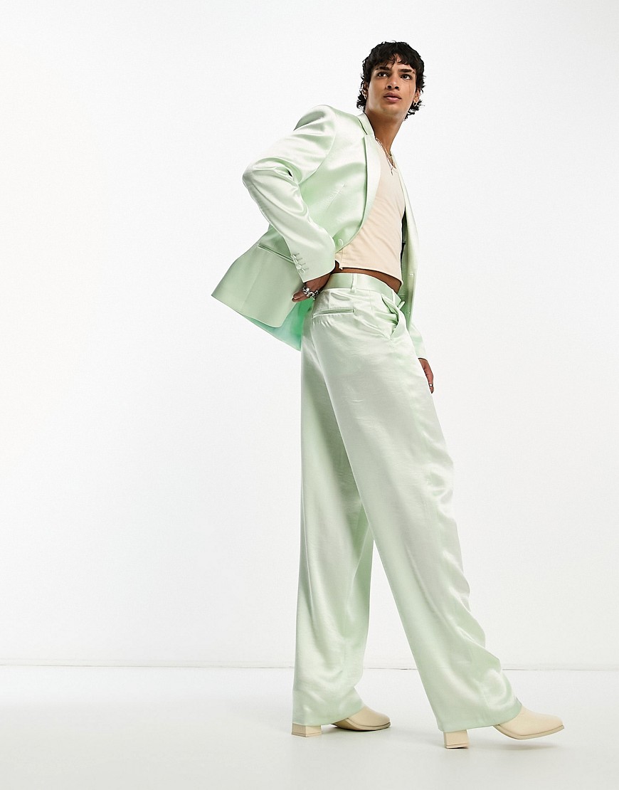 ASOS DESIGN wide leg suit trousers in green satin