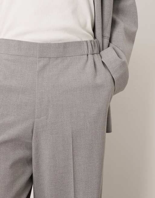 ASOS DESIGN wide leg suit trousers in grey texture with elasticated waist, 4 of 5