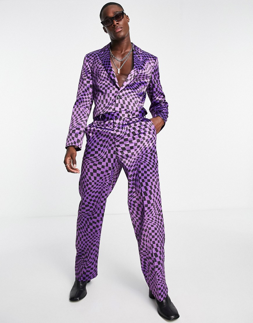 ASOS DESIGN wide leg suit trousers in wavey checkerboard in purple