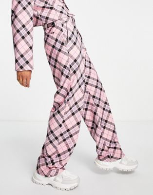 ASOS DESIGN wide leg suit trousers with bias tartan check in pink