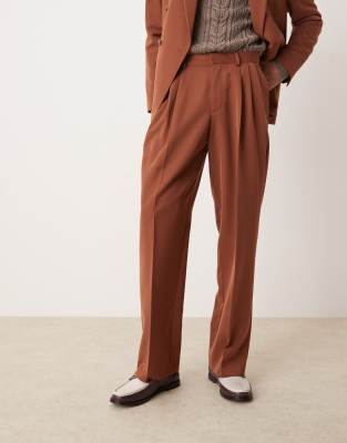 ASOS DESIGN wide leg suit trousers with front pleat in rust-Brown