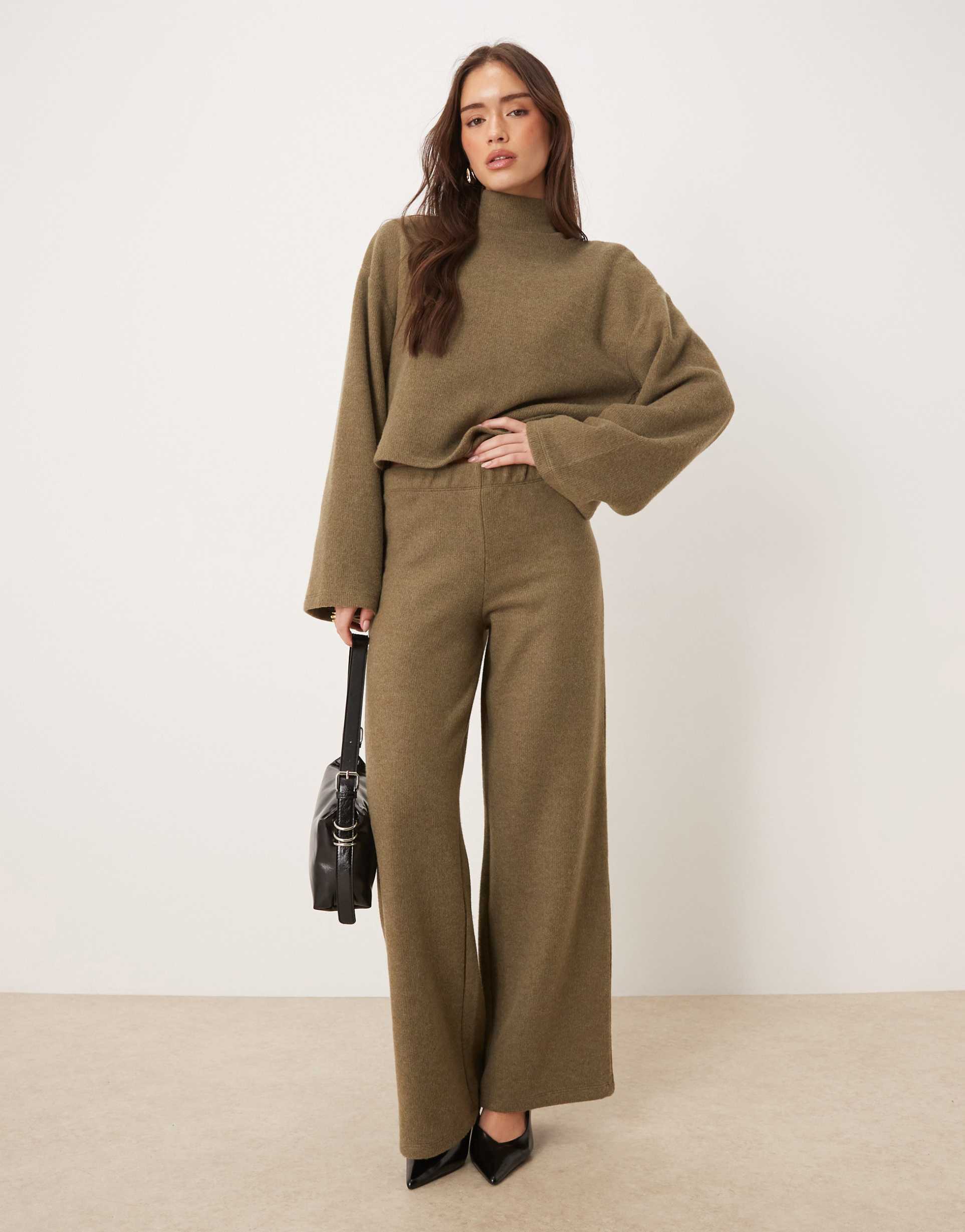 asos design wide leg supersoft mid rise pants in olive - part of a set