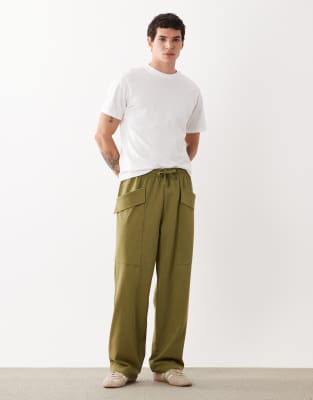 Asos Design Wide Leg Sweatpants With Cargo Pockets In Green