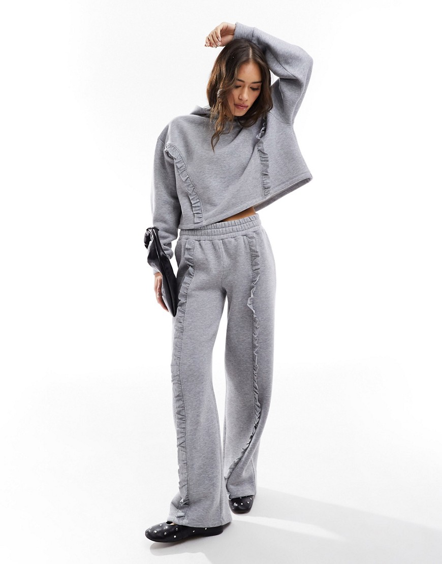 Asos Design Wide Leg Sweatpants With Frill Detail In Gray Heather