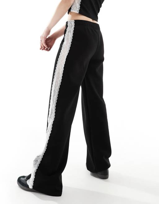 ASOS DESIGN wide leg sweatpants with lace contrast in black - part 