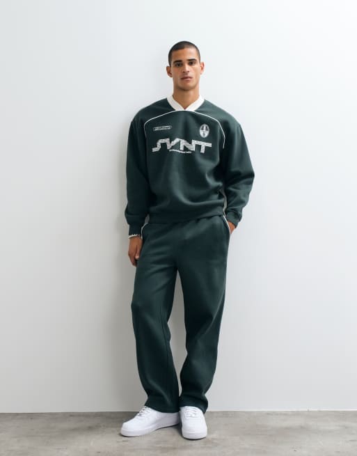 ASOS DESIGN oversized ribbed V neck with piping and puff print and wide leg sweatpants set in darkest spruce, 3 of 3