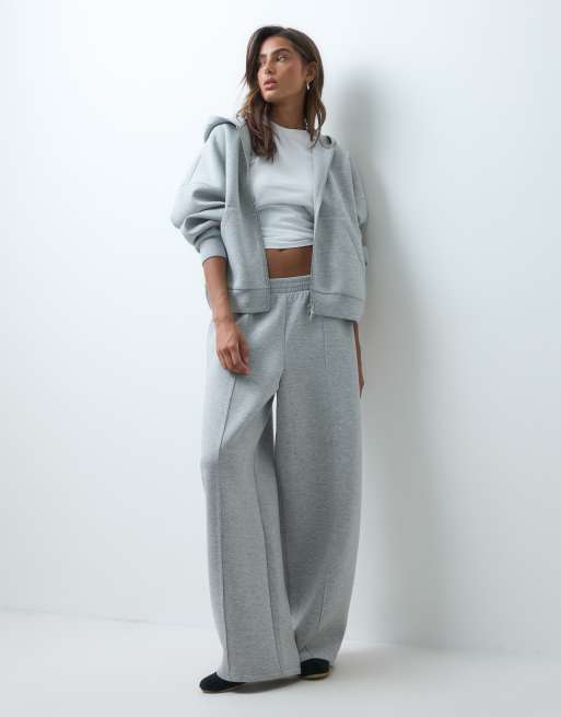 ASOS DESIGN wide leg sweatpants with pleated detailing in heather gray scuba-style fabric, 3 of 5
