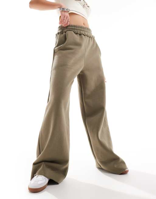 ASOS DESIGN wide leg sweatpants with raw edge waistband in khaki