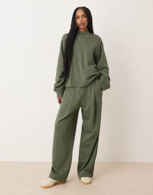 Asos Design Wide Leg Sweatpants With Waffle Panel Detail In Green