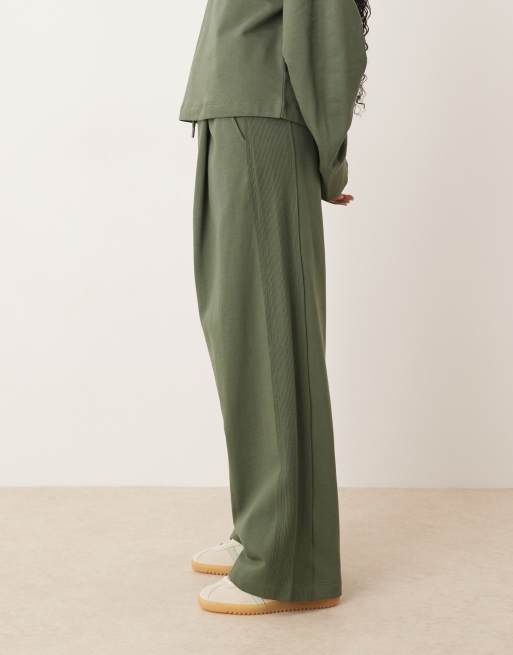 ASOS DESIGN wide leg sweatpants with waffle panel detail in khaki - part of a set