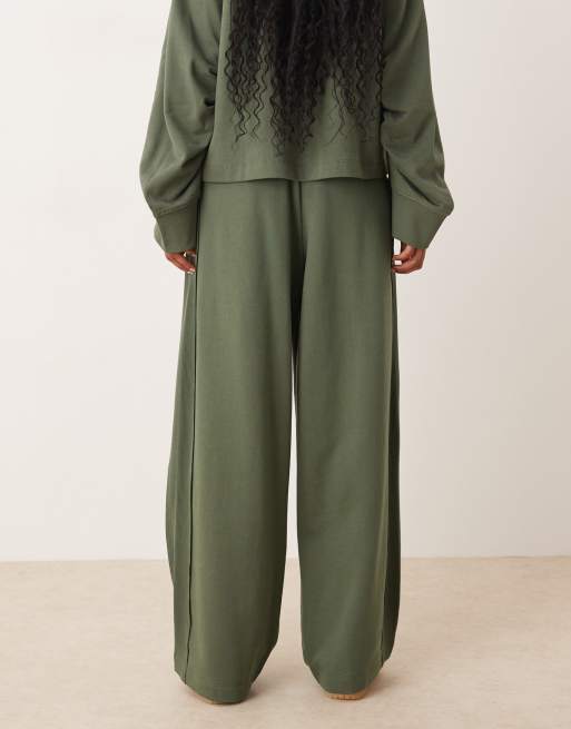 ASOS DESIGN wide leg sweatpants with waffle panel detail in khaki - part of a set
