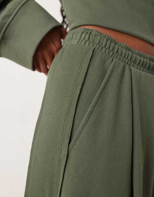 ASOS DESIGN wide leg sweatpants with waffle panel detail in khaki - part of a set