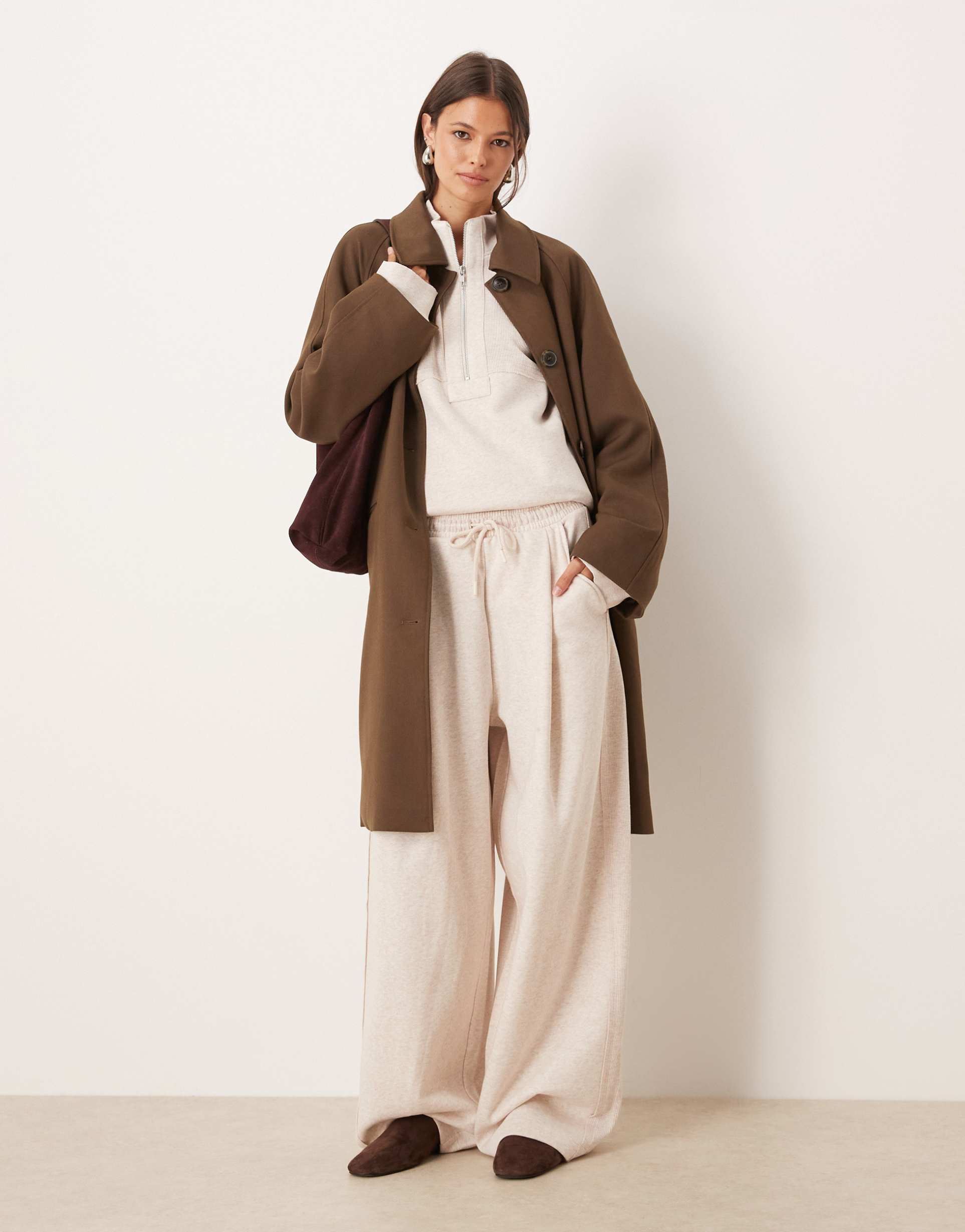 asos design wide leg sweatpants with waffle panel detail in oatmeal - part of a set