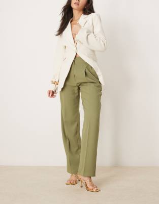 Asos Design Wide Leg Tailored Pants With Gold Button Detail In Neutral