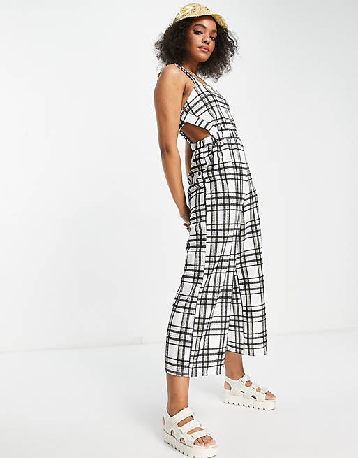 Women wide leg textured dungaree in check print 