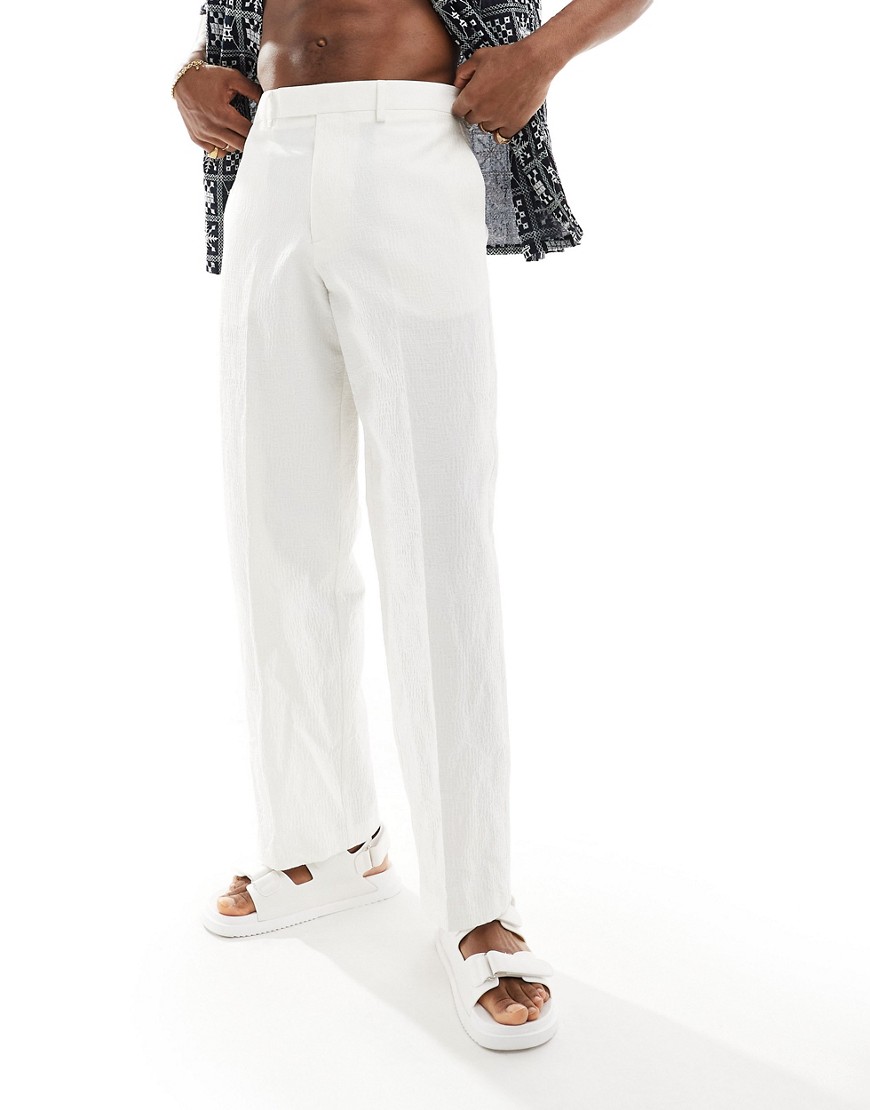 Asos Design Wide Leg Textured Fabric Pants In White