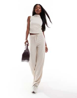 ASOS DESIGN wide leg textured trousers co ord in cream-White