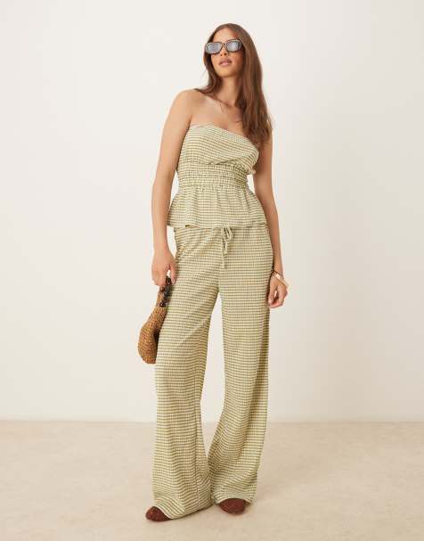 ASOS DESIGN wide leg tie front pants in green gingham - part of a set - view 1