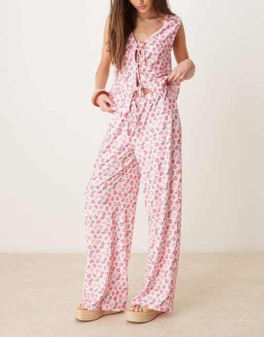 ASOS DESIGN wide leg tie front pants in pink ditsy floral