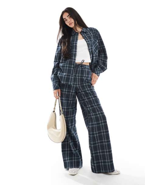 ASOS DESIGN wide leg tie waist pants in brushed navy check (Part of a set) - view 1