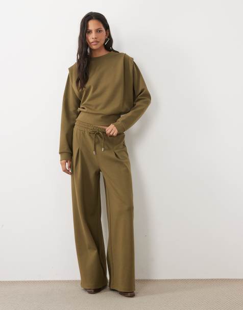 ASOS DESIGN wide leg tie waist sweatpants in khaki - part of a set - view 1