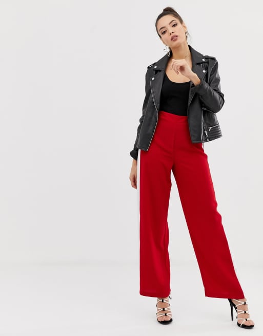 ASOS DESIGN wide leg track pants in red with contrast side stripe