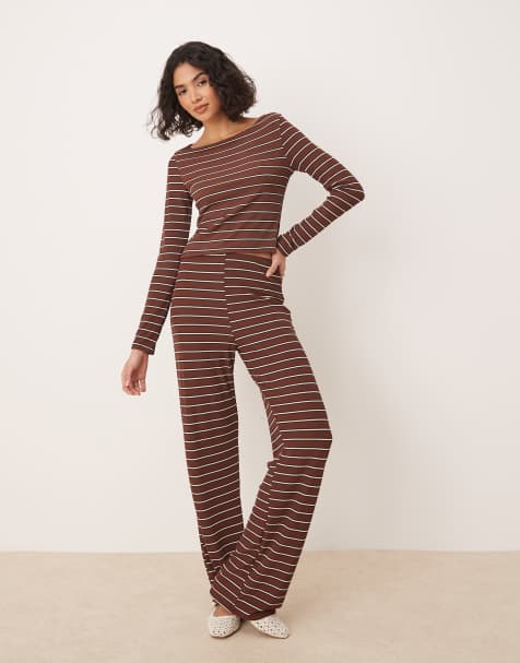 ASOS DESIGN wide leg trouser and top co-ord in chocolate stripe - view 1