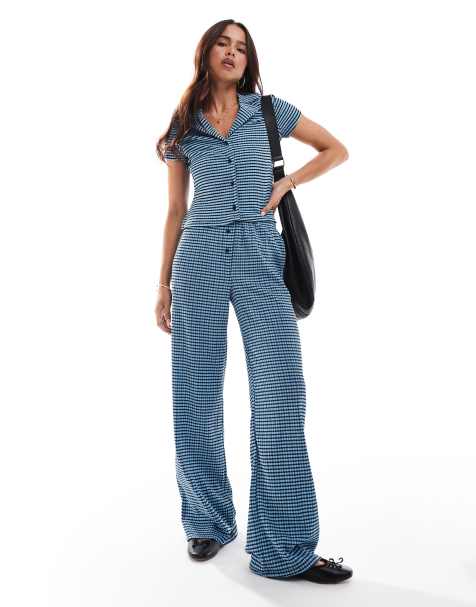 ASOS DESIGN wide leg trouser co-ord in blue and black gingham - view 1