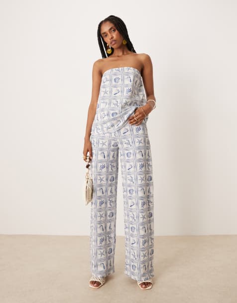 ASOS DESIGN wide leg trouser co-ord in blue shell print - view 1