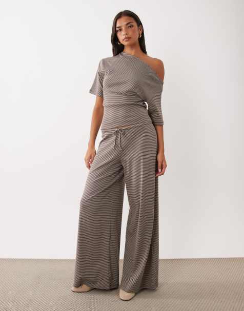 ASOS DESIGN wide leg trouser co-ord in choc stripe - view 1