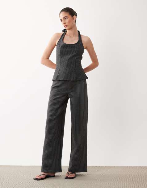 ASOS DESIGN wide leg trouser co-ord in grey pinstripe - view 1