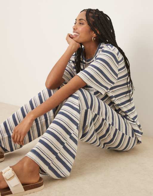 ASOS DESIGN wide leg trouser co-ord in knitted navy stripe, 2 of 5