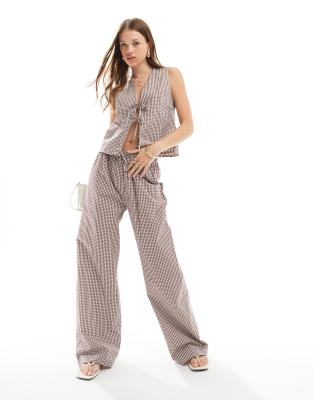 ASOS DESIGN wide leg trouser in brown gingham co ord