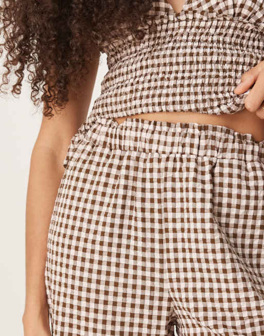 ASOS DESIGN wide leg trouser in brown gingham, 2 of 5