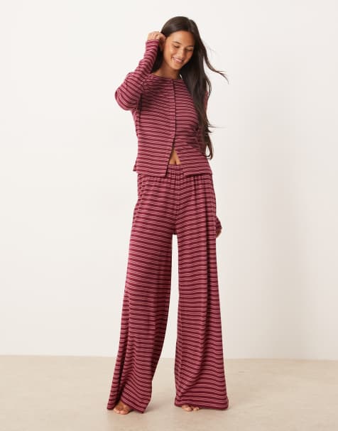ASOS DESIGN wide leg trouser in burgundy stripe - view 1