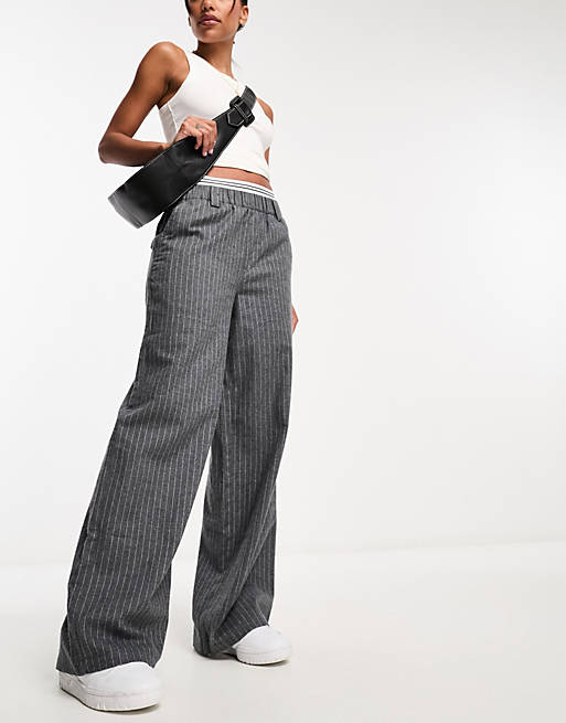 ASOS DESIGN wide leg trouser in stripe with waistband detail in