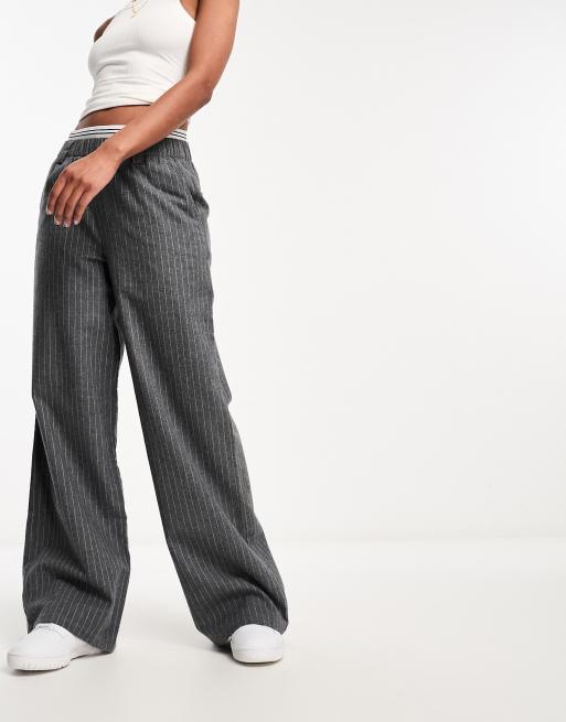 ASOS DESIGN wide leg trouser in stripe with waistband detail in grey