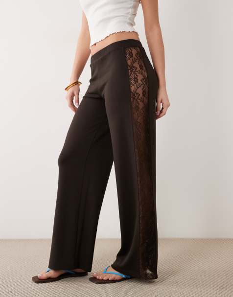 ASOS DESIGN wide leg trouser with lace panel in brown - view 1